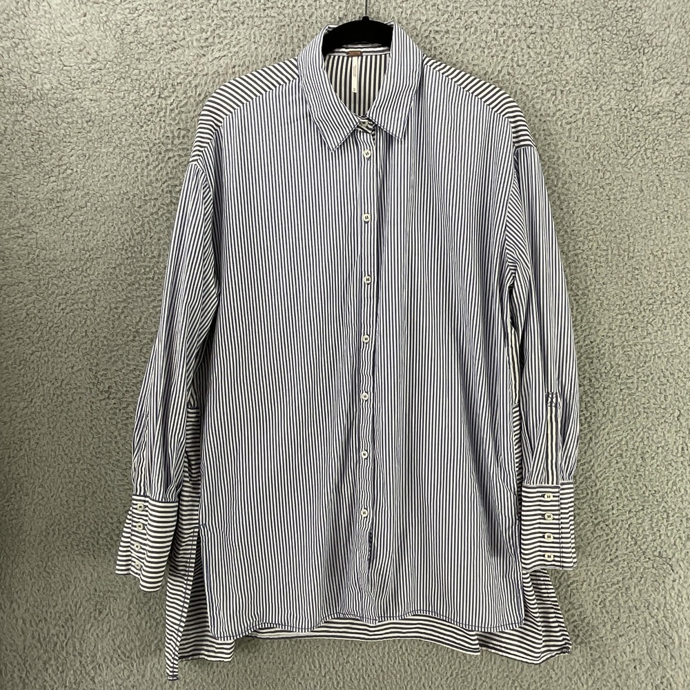 Free People Button-Up Tunic Womens XS Blue Striped Cotton Collared Long Sleeve‎